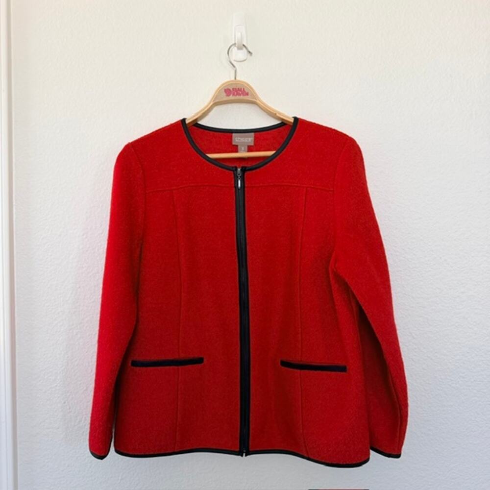 Chico's 3 Full Zip Risque Red Textured Wool Jacket Faux Leather Trim Women's XL